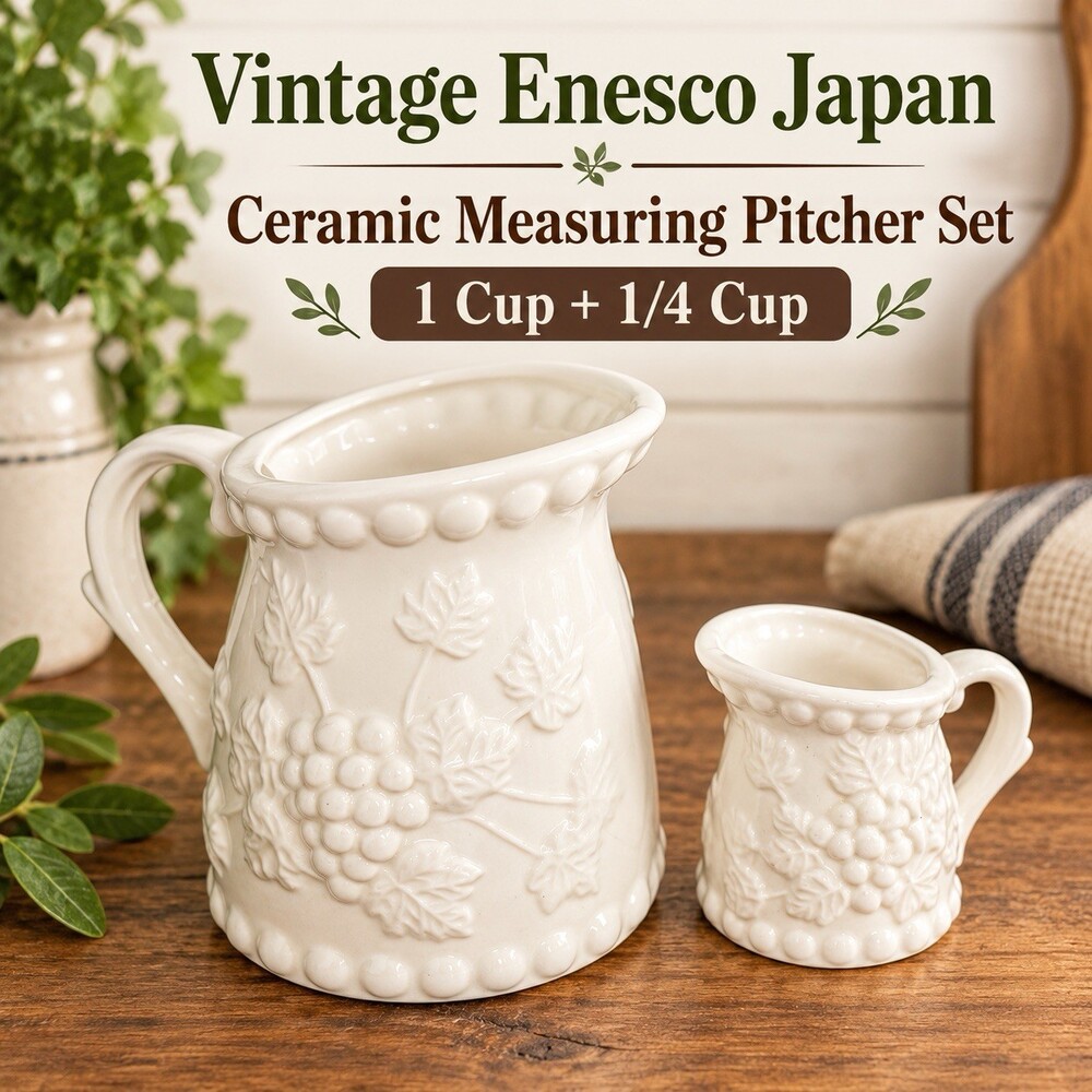Vintage Enesco Japan Grape Ceramic Measuring Pitchers 1 Cup 1/4 Cup Set